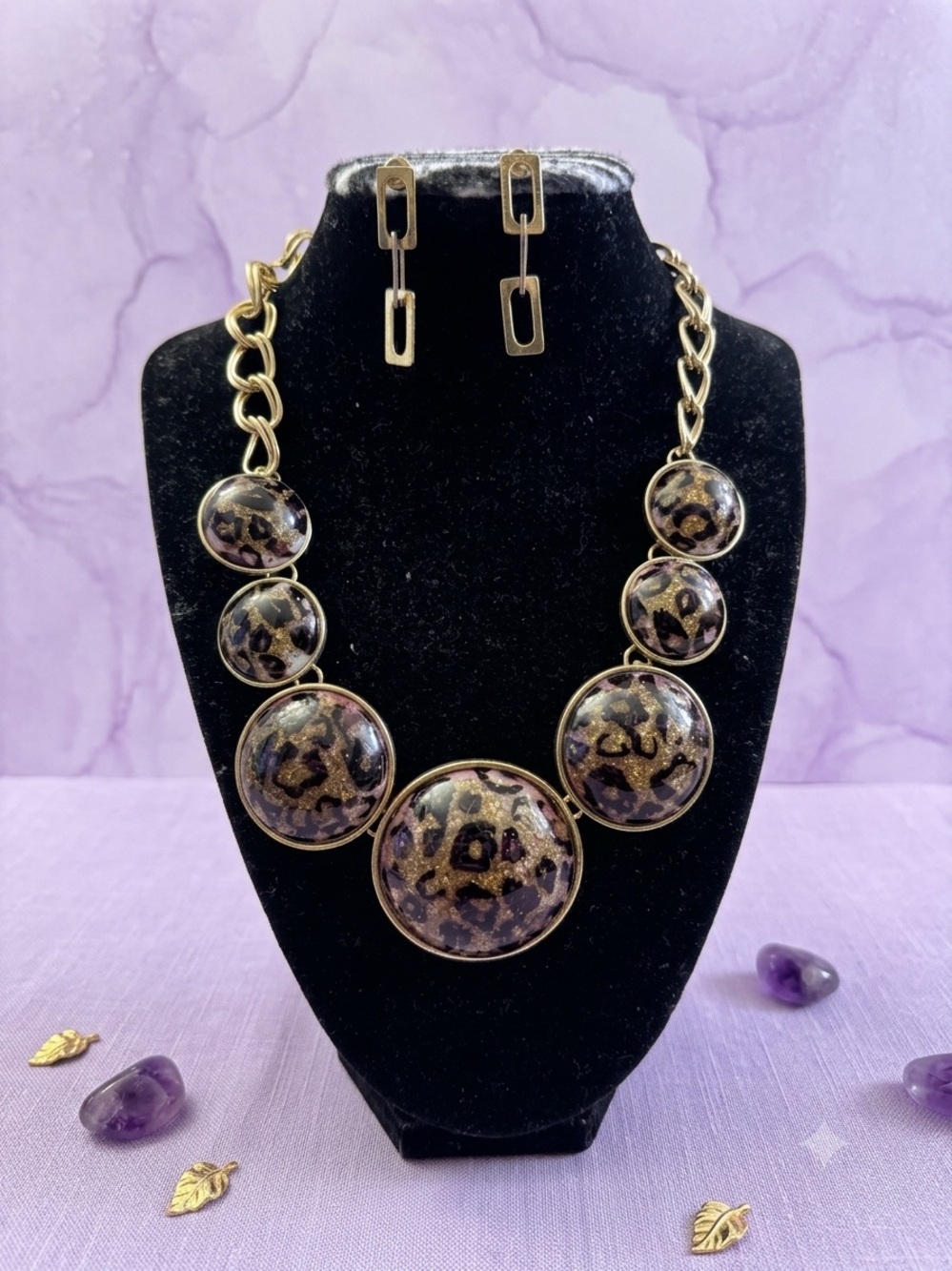 Gold-Tone Leopard Print Statement Necklace & Earring Set - Black and Gold